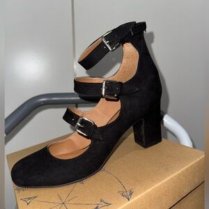 Indigo Black Triple Strap Heels